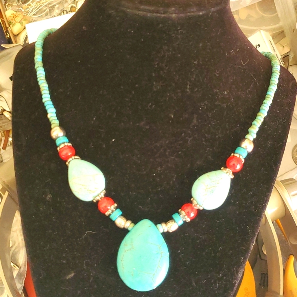 Authentic Southwestern Inspired Turquoise and Coral necklace